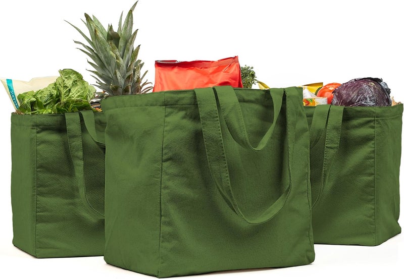 VeraMia Canvas Grocery Bag 3pc XL Set with Real Pockets, Long Shoulder Strap and Short Handle. Heavy Duty, Foldable, Washable - Image 1